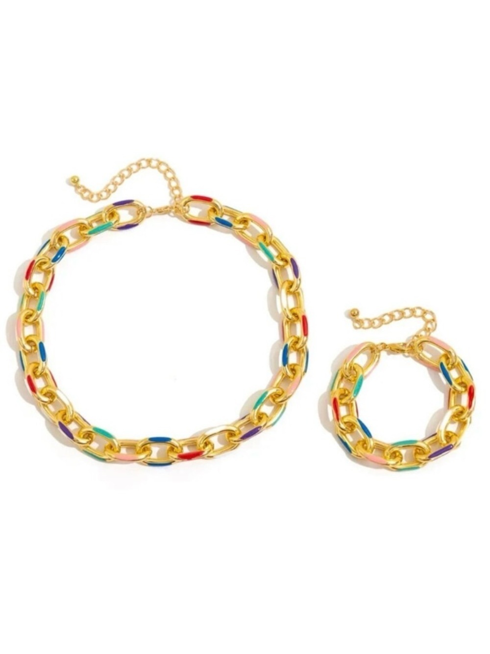 NEW Chunky Necklace Bracelet Set 2 PCs Colorful Enamel Oval Link Choker 80s